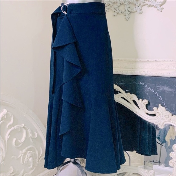 Ruffle Trim Midi Skirt Navy NWT